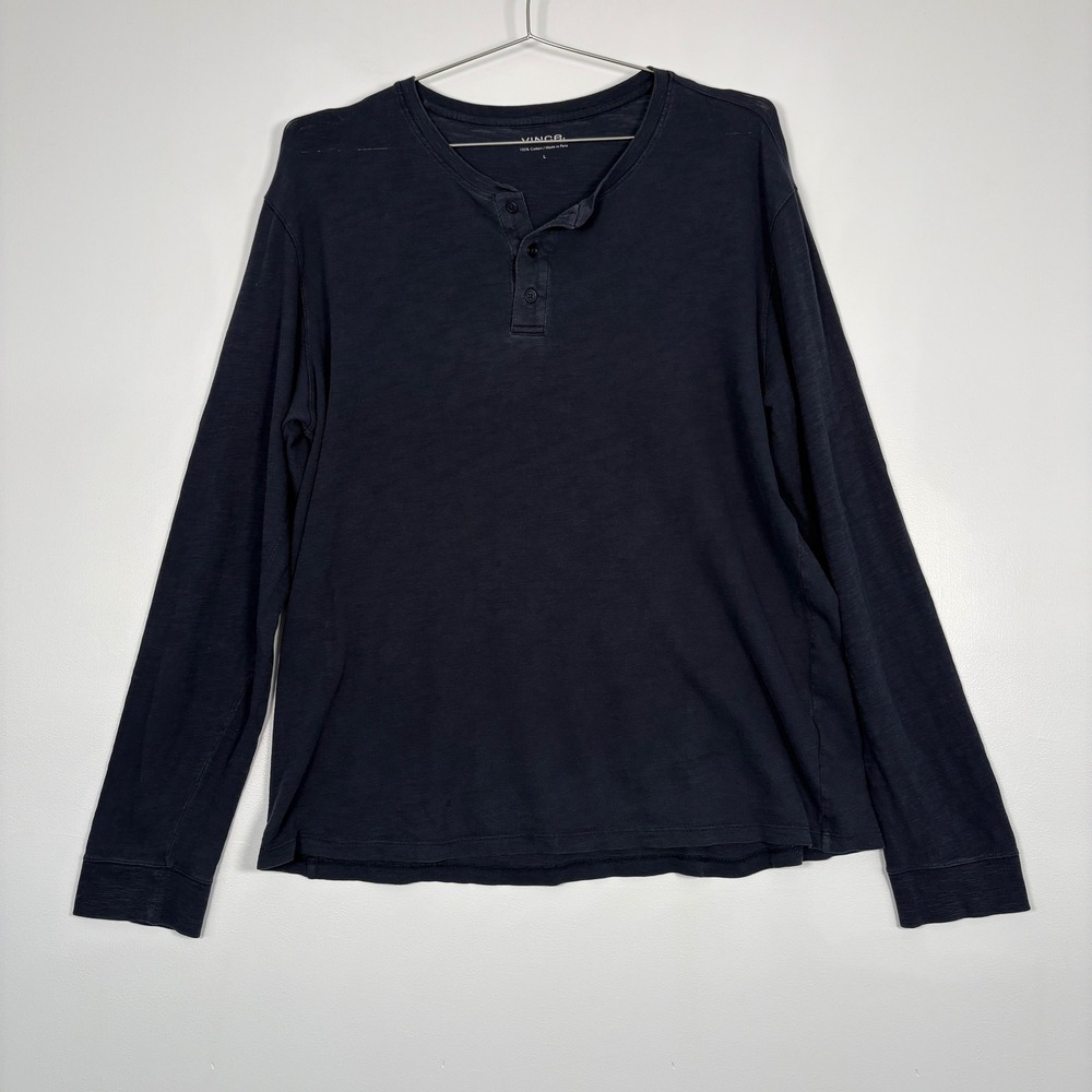 Vince Mens Henley Shirt Large Navy Blue Long Sleeve Slub Cotton Casual